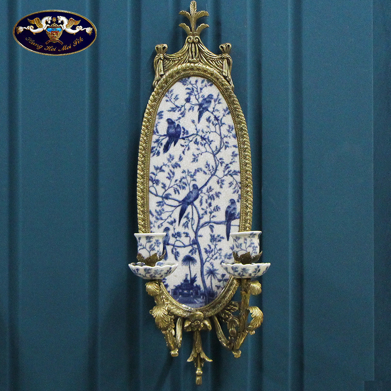 欧式复古陶瓷配铜工艺品壁挂烛台创意家居玄关客厅卧室装饰品摆件