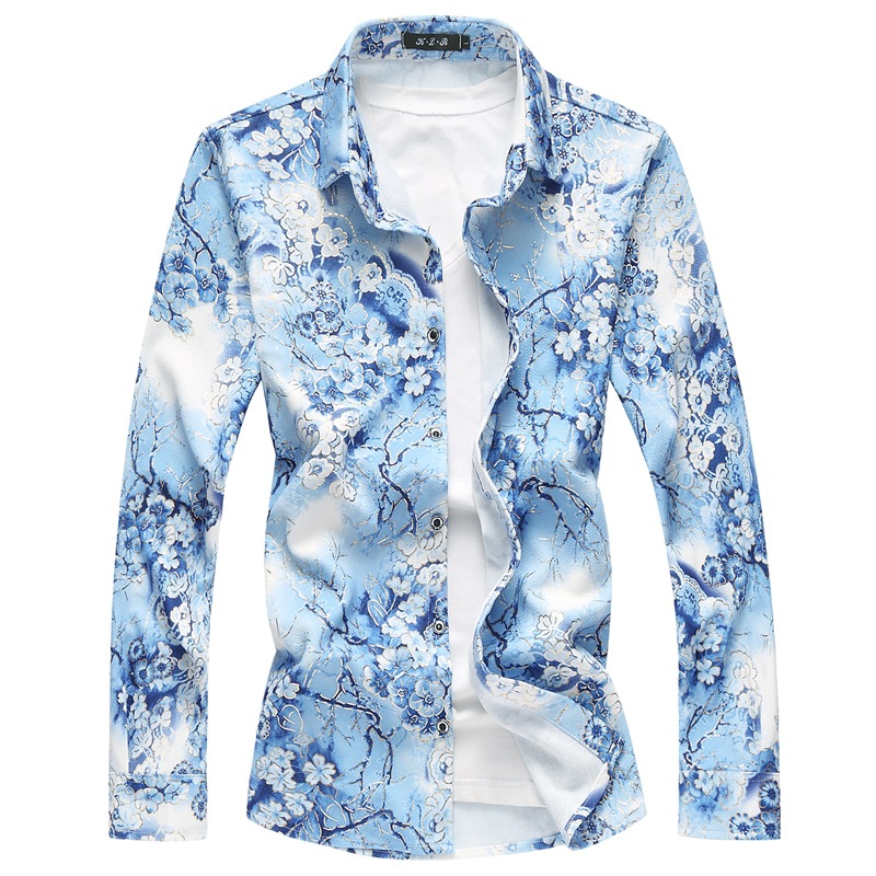 Spring and Autumn New Men's Large Size Long-sleeved Casual Floral Shirt Multi-size Plus Size Men's Thin Slim-fit Floral Shirt