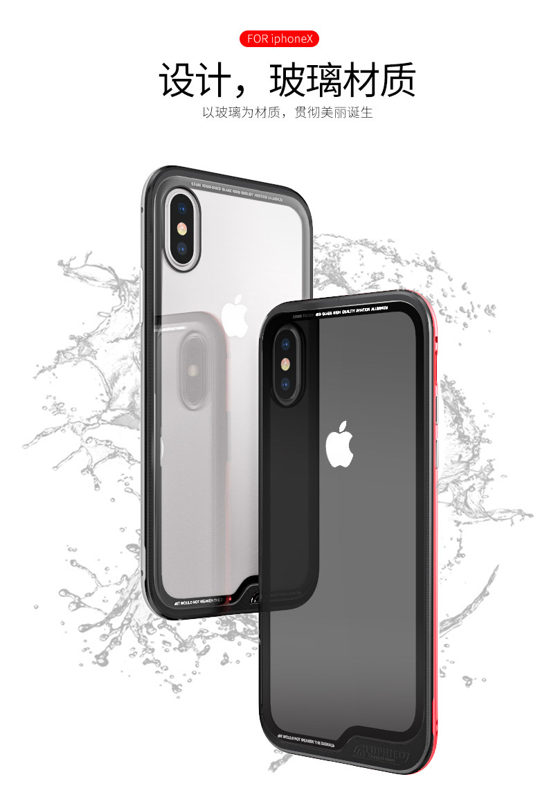 Luphie Clip-on Shockproof Aerospace Aluminum Bumper Toughened Glass Cover Case for Apple iPhone X