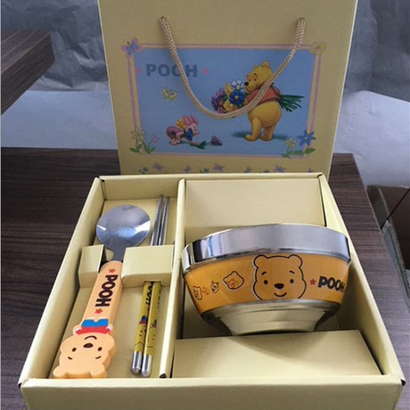 Cartoon trẻ em đũa bát phù hợp với gia đình bằng thép không rỉ bộ đồ ăn bốn hộp quà tặng chống bỏng quà tặng sinh nhật tableware Bộ dao kéo