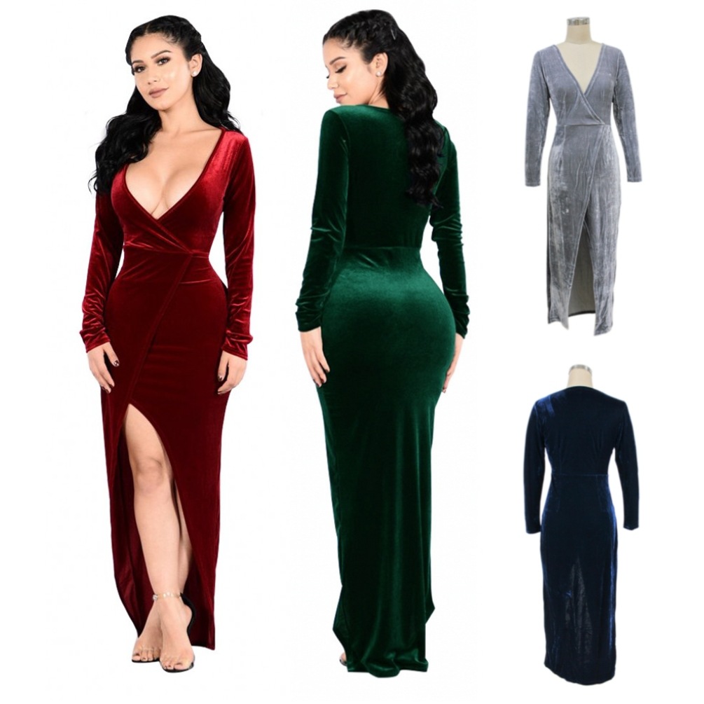 Velvet Maxi Dress性感深V领长袖金丝绒连衣裙开叉大码长裙FD7052