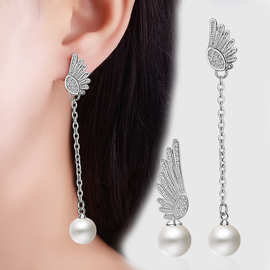 日韩新款时尚简约气质珍珠不对称天使翅膀耳钉耳环耳饰长款女耳坠