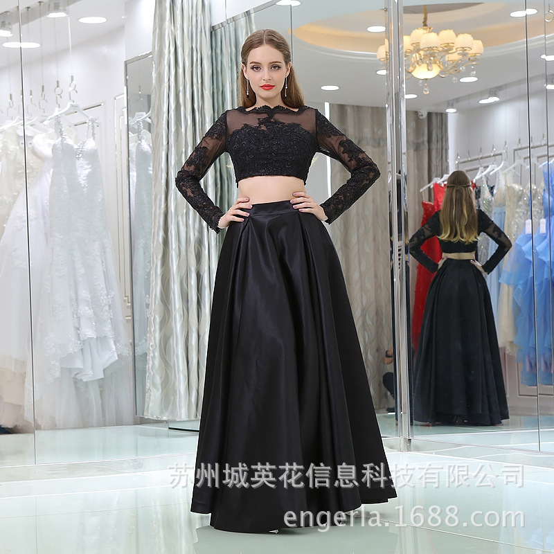 Engerla Dress 2021Wish New Black Long Sleeve Hollow Lace Two-Piece Dress