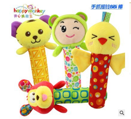 Happy Monkey婴儿卡通摇铃玩具多款卡通动物手摇铃bb棒宝宝摇铃