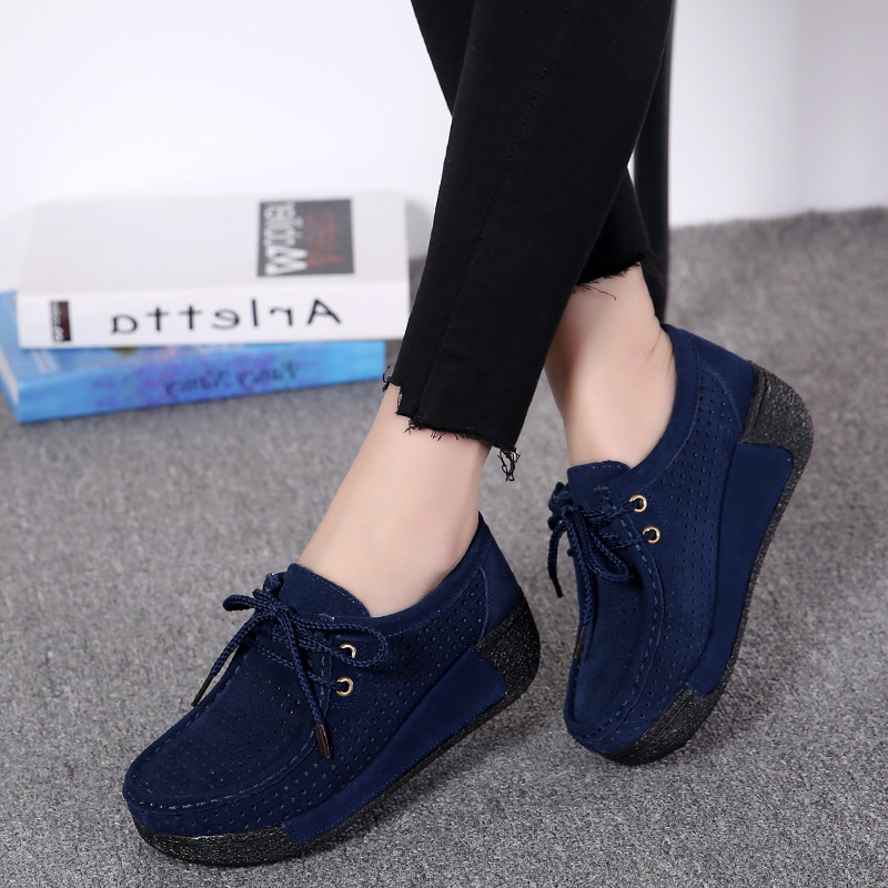 Leather Shoes Lace Up Rocking Shoes Thick Soled Raised Women's Shoes Hollow Leisure Breathable Slope Heel Mother's Shoes Korean Single Shoes