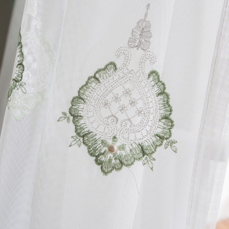 湖绿色重工绣花珍珠纱 平绣窗帘窗纱 小欧式绿色珍珠纱|ms