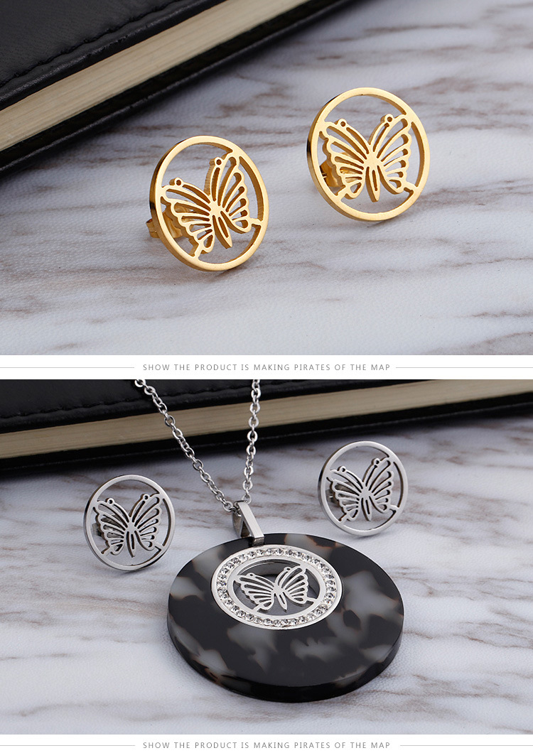 wholesale fashion stainless steel diamond round gold butterfly necklace earring set ornaments