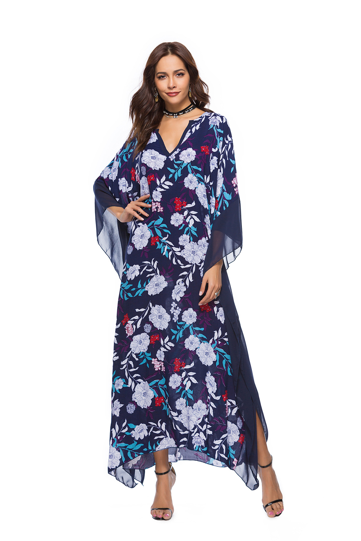 spring new V-neck bat sleeve printed dress NSDF25588