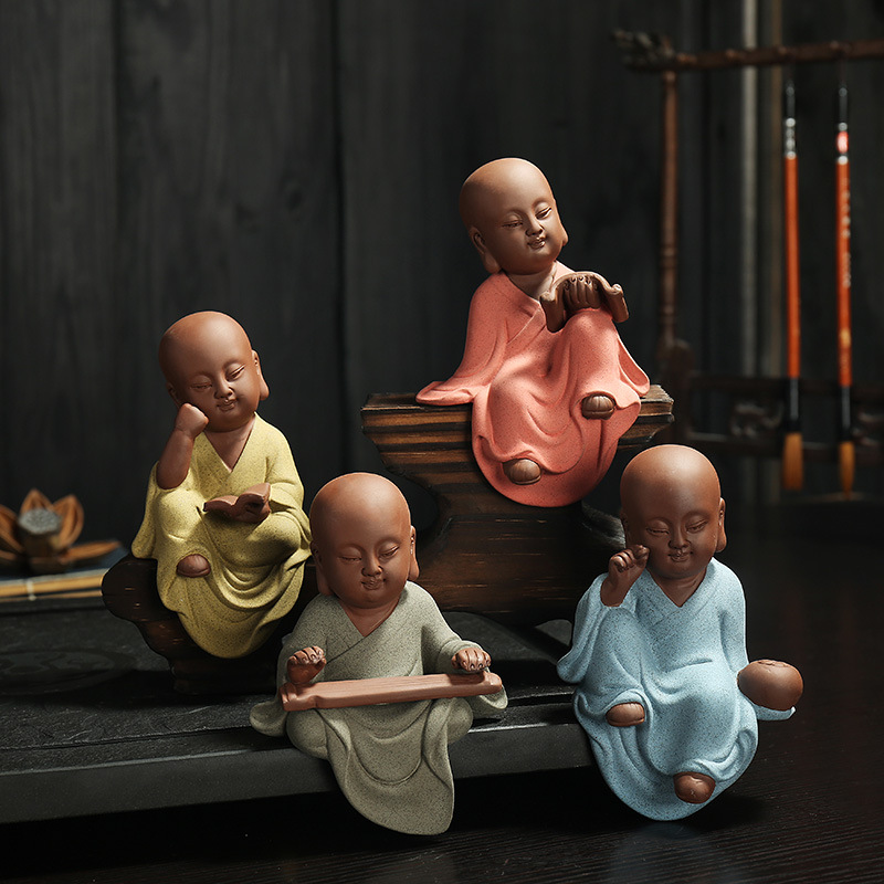 Q版 紫砂小沙弥小和尚佛具香炉摆件彩砂陶半坐琴棋书画茶宠茶道