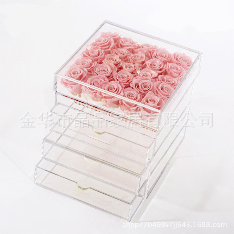25朵3层抽屉方形透明亚克力玫瑰花鲜花永生花盒 送女友情人节礼物