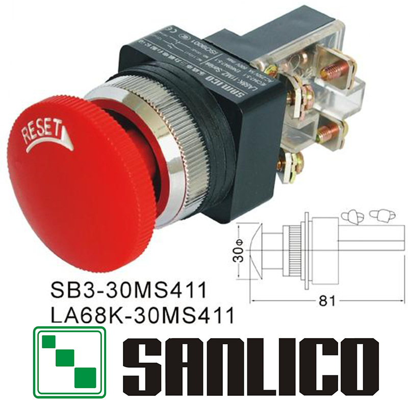 蘑菇头自锁式按钮开关 LA68K(SB3 KS11)-30MS411电机风扇