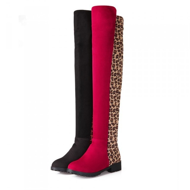 Sexy leopard print long barrel round head low heel Knight boots