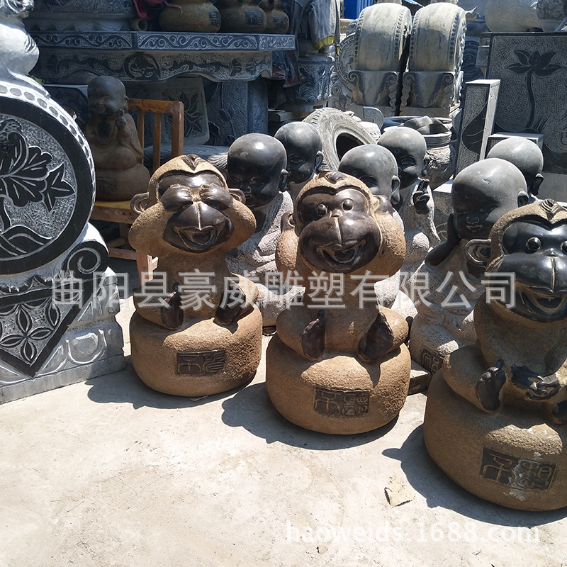 石雕动物三不猴大理石园林雕塑猴子摆件猴子石头三不猴手工