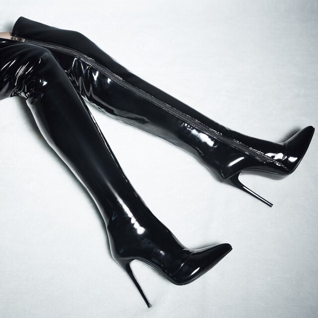 Pointed thin heel chivalrous Boots Size patent leather side zipper sexy knee high boots