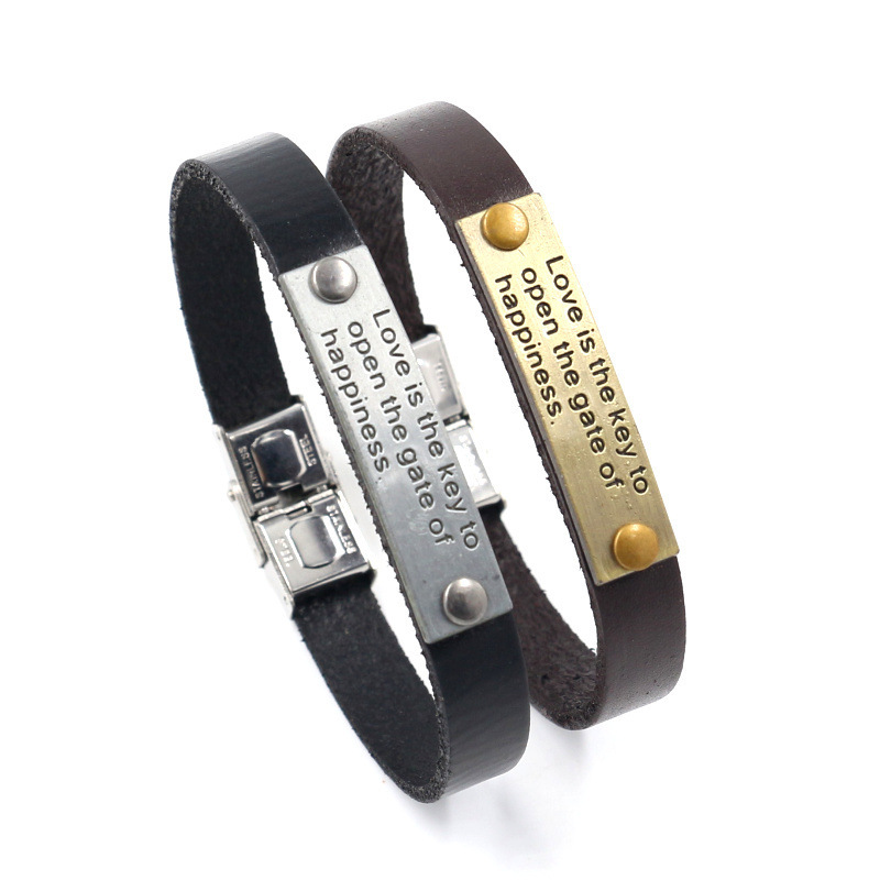 European and American men's bracelet stainless steel buckle fashion lettering inspirational cowhide bracelet retro simple student hand jewelry women
