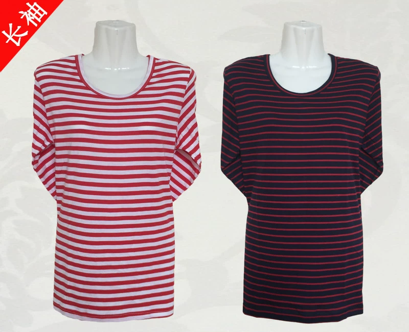 Поколение хлопковых футболок с длинными рукавами, весна и осень, Свободный Топ больших размеров с круглым вырезом для женщин среднего и пожилого возраста, полосатый низ