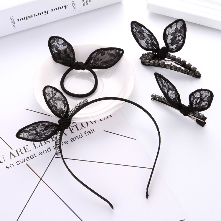 林志玲同款發飾 立體蕾絲頭飾兔耳朵發夾 BB夾賣萌神器蝴蝶結鑲鑽