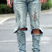跨境货源高街膝盖大破破洞小脚裤潮流男士修身牛仔裤弹力