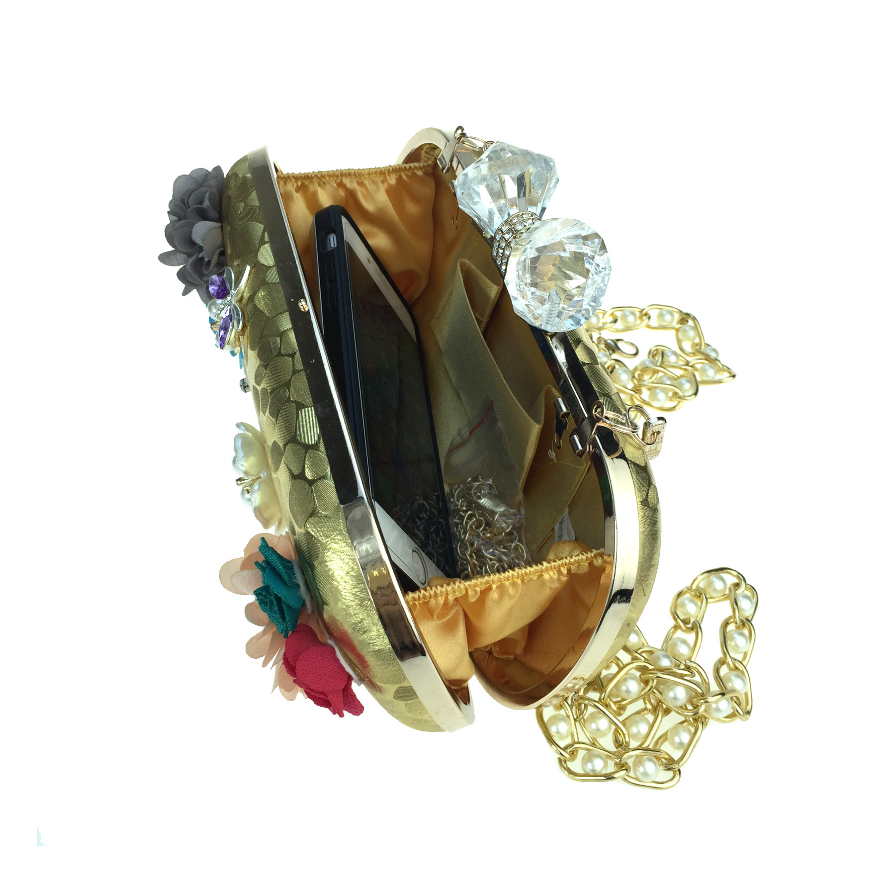 Túi clutch nữ dạ tiệc hoa satin thêu hạt bướm ngọc trai, tay cầm kim loại và dây đeo ngọc trai — Màu đỏ, Màu vàng, Màu bạc chi tiết 14