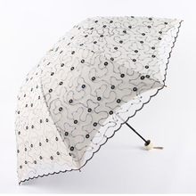 欧若拉工厂1767刺绣太阳伞双层防紫外线防晒三折黑胶遮阳伞晴雨伞