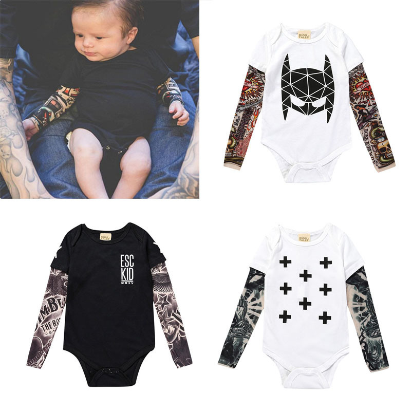 INS Newborn Boys and Girls Baby Flower Arm Tattoo Fake Two-Piece Long-Sleeved Climbing Suit Baby Hare Trendy Long-Sleeved T-Shirt