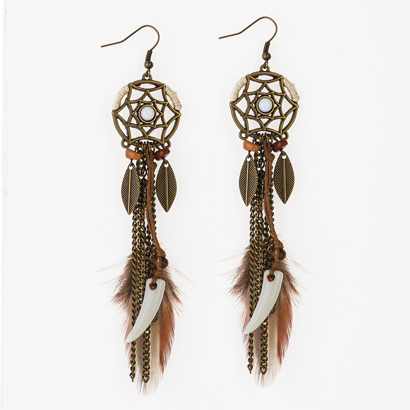 Bohemian Fashion Dream Catcher Earrings Female Long Feather Leaf Earrings Jewelry