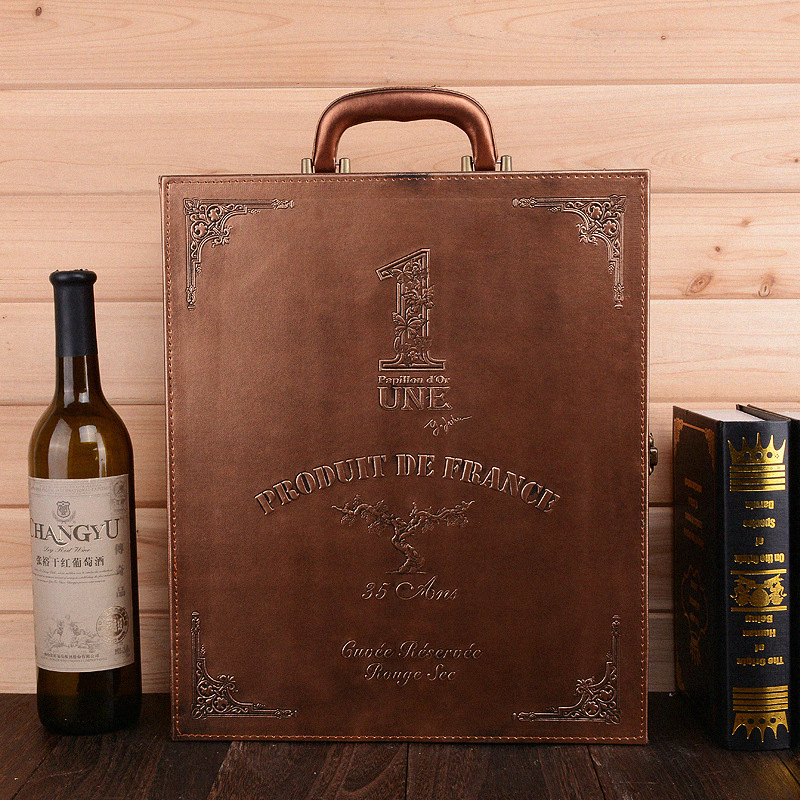 现货供应复古金色双支皮质红酒葡萄酒包装盒红酒包装礼品盒定制款|ru