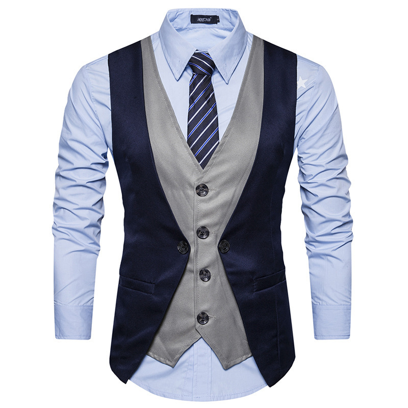 Foreign trade men's spring and autumn new European stitching fake two piece single breasted leisure waistcoat for men's Korean version