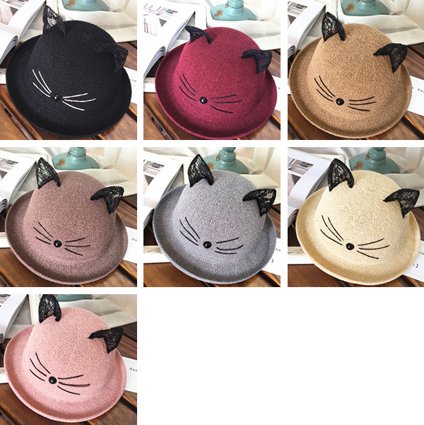 Korean Lace Cat Ears Sunshade Sunscreen Straw Hat display picture 1