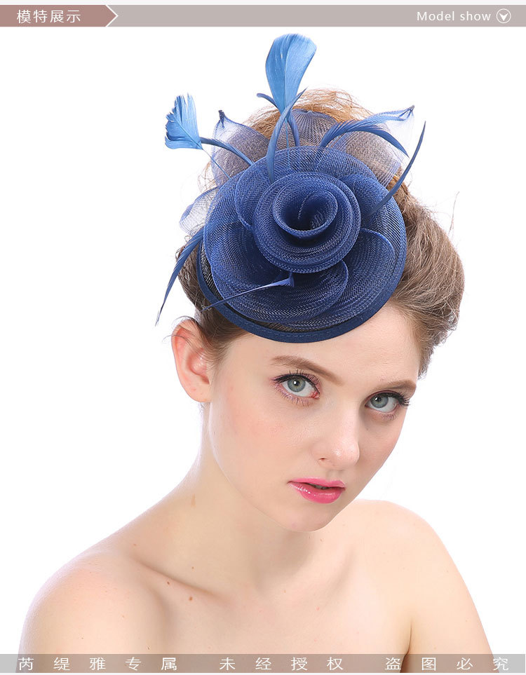 芮缇雅头饰 速卖通新款手工亚麻新娘礼帽 创意羽毛宫廷宴会小帽子详情图7