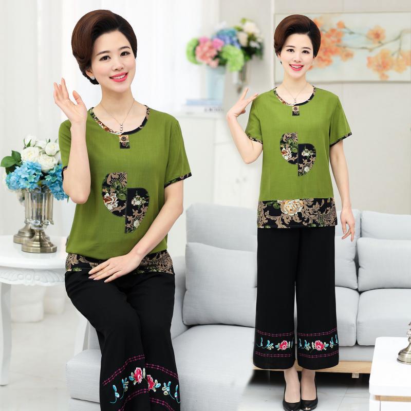Middle and old age Summer wear Short sleeved Add fertilizer enlarge Mom outfit 40-50 year 2019 new pattern Cotton and hemp Two suits