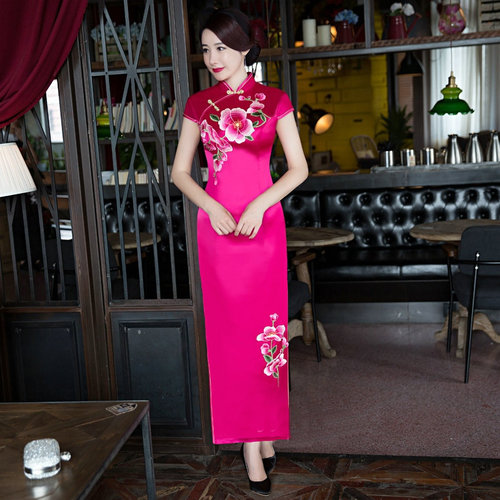 Fuchsia flowers chinese dresses long qipao dress fashion mom old stage shows the party etiquette cheongsam