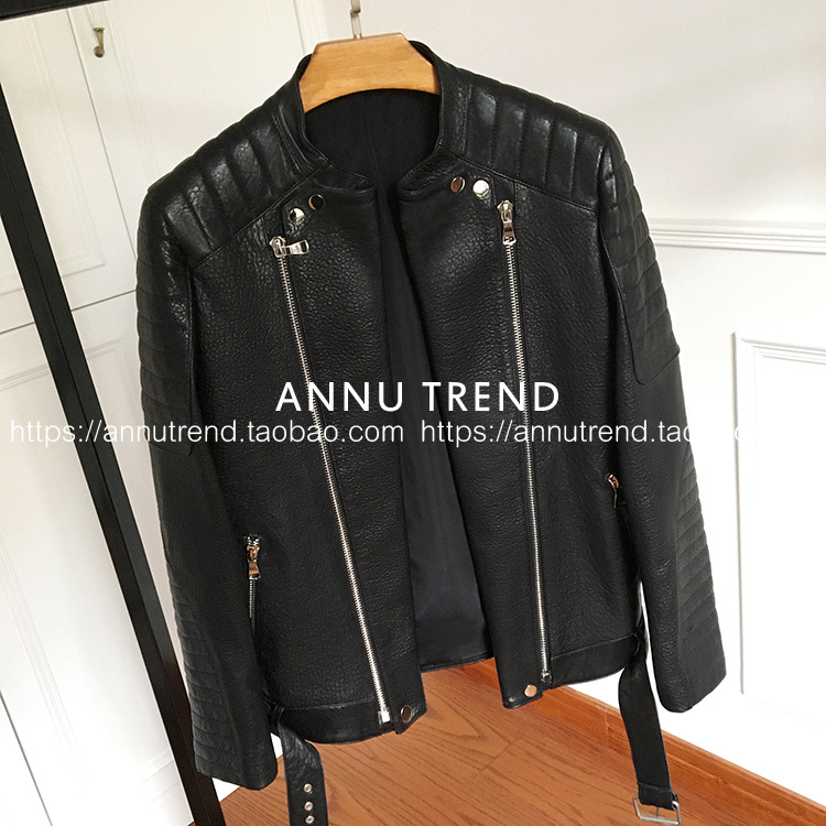 AnnuTrend海宁机车皮衣绵羊皮泡泡皮立领陈伟霆皮夹克外套男真皮