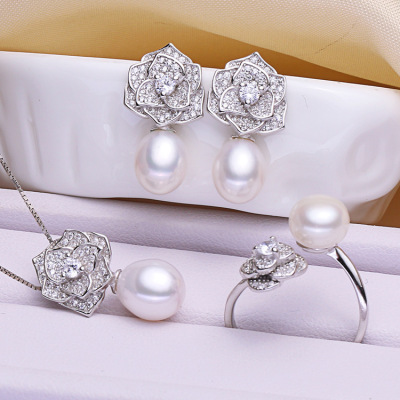 欣韵珠宝 山茶花套装 925纯银淡水珍珠耳环/吊坠/戒指 韩版三件套|ru