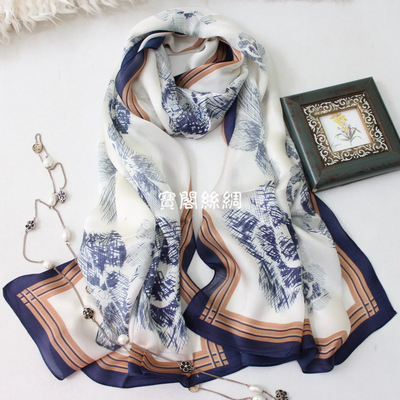 素描花朵優雅杭州真絲桑蠶絲喬其緞披肩圍巾女絲巾