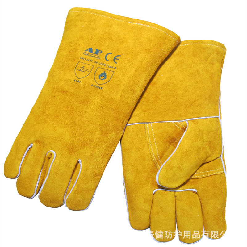 友盟金黄色牛二层皮手套 耐磨隔热焊接手套 kevlar防火阻燃手套