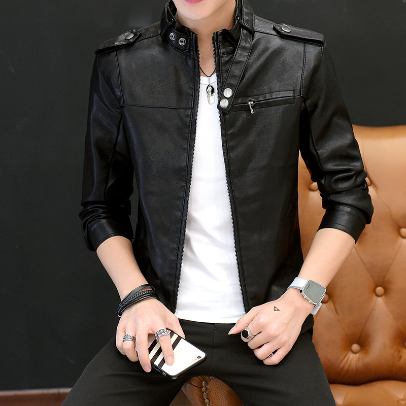 批发春秋新款男装皮衣男加绒加厚修身外套机车休闲男士PU皮夹克