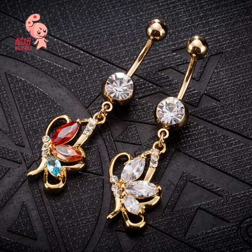 Factory direct sales personalized butterfly navel ring fashionable zircon navel nails stainless steel belly dance navel nails navel ornaments