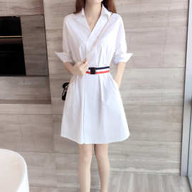 一件代发连衣裙2023夏季新款时尚大码宽松收腰白色衬衫裙女16805