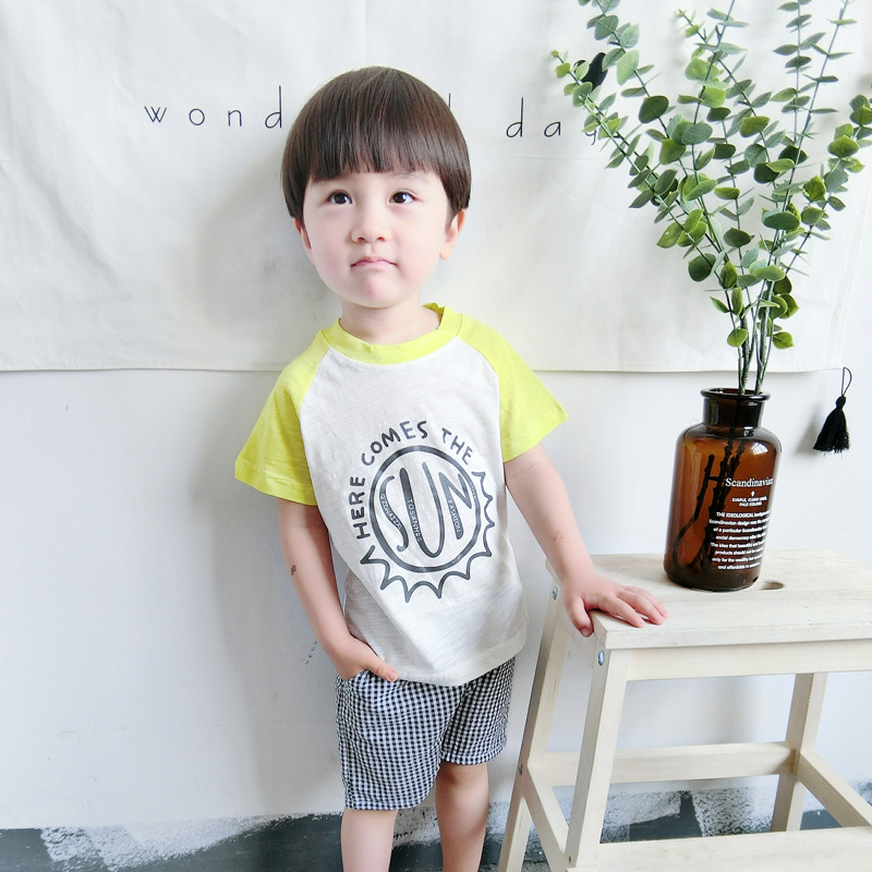 韓國代購2017夏季韓版男童女童插肩短袖中小童寶寶竹節i純棉T恤衫