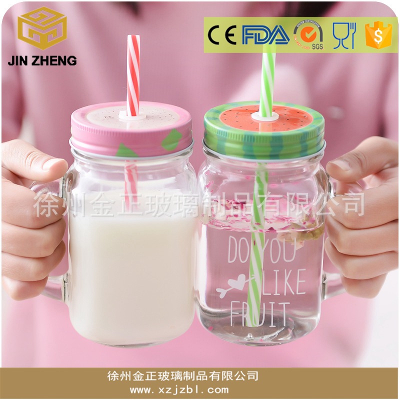 七彩水果图案玻璃带把梅森杯 配吸管单孔盖子 奶茶店热卖款