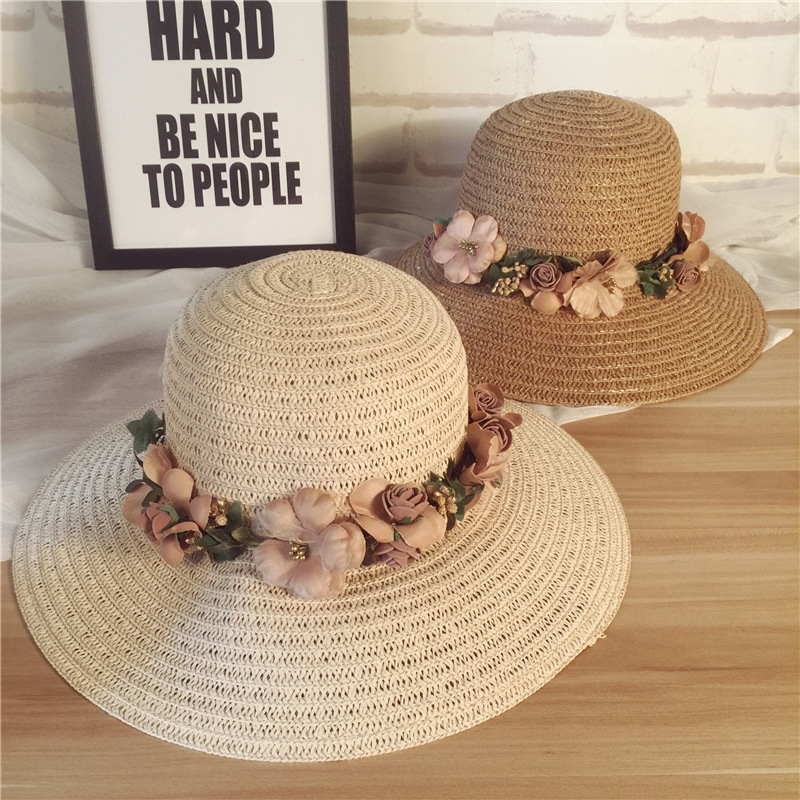 草帽大檐帽夏天韩版帽子花环花朵双用女宽檐遮阳帽防晒沙滩帽潮|ms