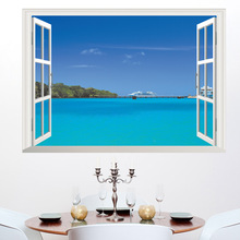 新款14161淘宝热卖3d立体夏威夷风情海景窗户客厅电视背景墙贴纸