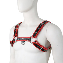 廠家現貨批發亞馬遜成人用品貨源紅色皮革帶氣孔雙吊環雙肩胸帶