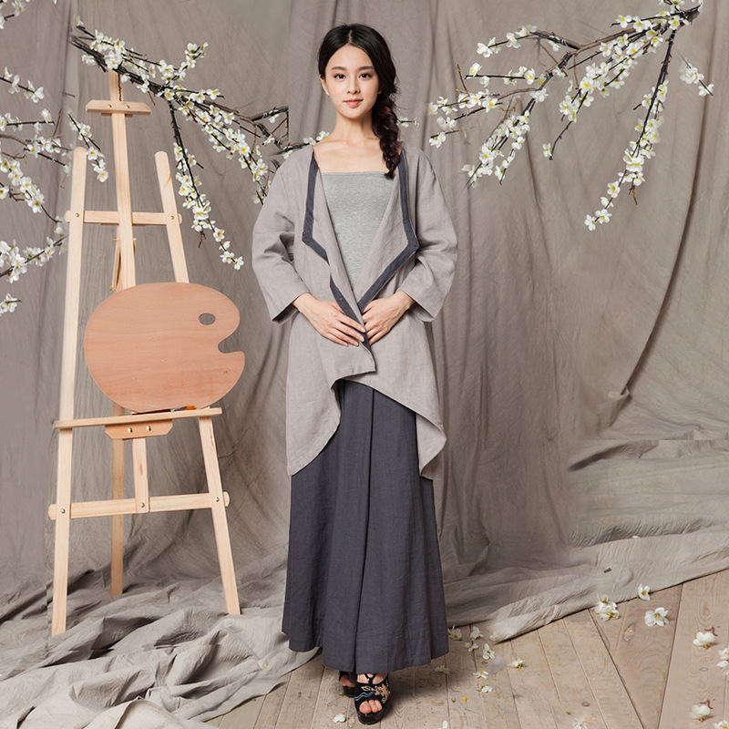 Dai Yi Cotton and hemp High-end Windbreaker Cardigan Long 2019 literature Flax Easy coat Solid