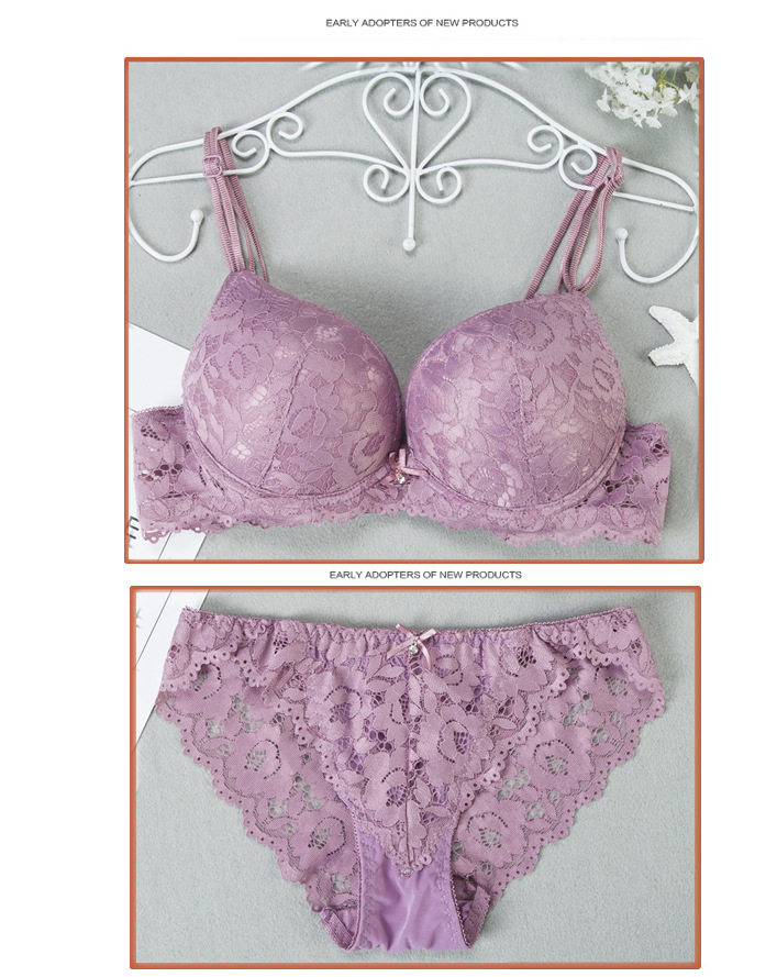Small Chest Gathering Medium Molded Cup Women's Sexy Lace Style Underwear Bra Set_voghion.com