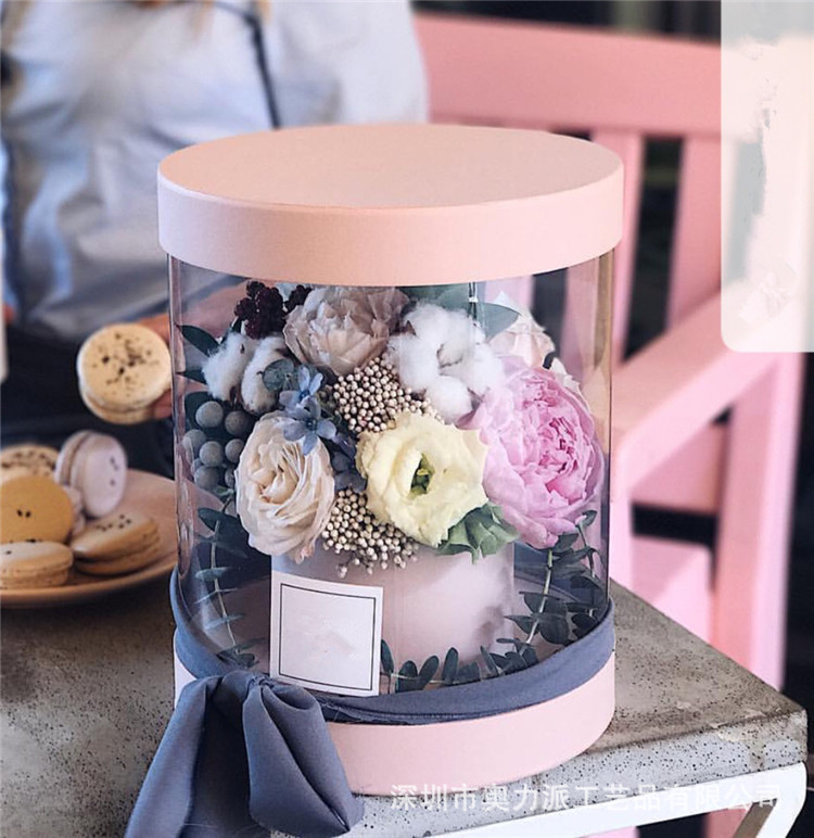 奥力派 现货 PVC开窗圆盒折叠鲜花礼盒 圆形鲜花抱抱桶  包装盒