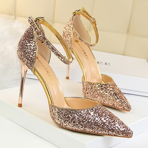European and American style thin heel high heel shallow mouth pointed hollow Sequin sexy nightclub show thin one line wi