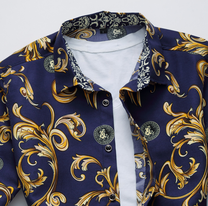 Summer New Men's Floral Slim Long-Sleeved Shirt Men's Large Size Casual Shirt Plus Size Fat Inch Shirt