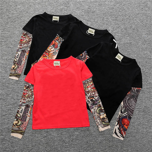 Kids Tales children's clothing INS spring and autumn boys and girls T-shirt European and American long-sleeved splicing hip-hop style flower arm tattoo sleeves